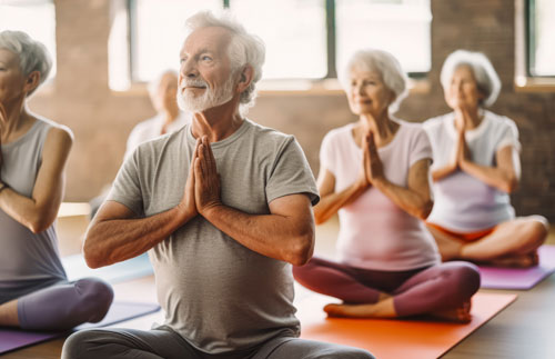 Grupo de adultos mayores realizando yoga | Estrategias para la prevención del Deterioro Cognitivo Grupo de adultos mayores realizando yoga | Estrategias para la prevención del Deterioro Cognitivo